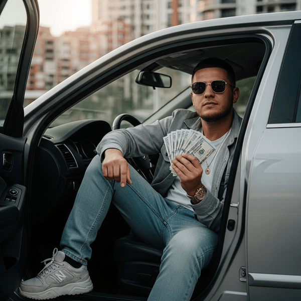 Successful entrepreneur with money in luxury car